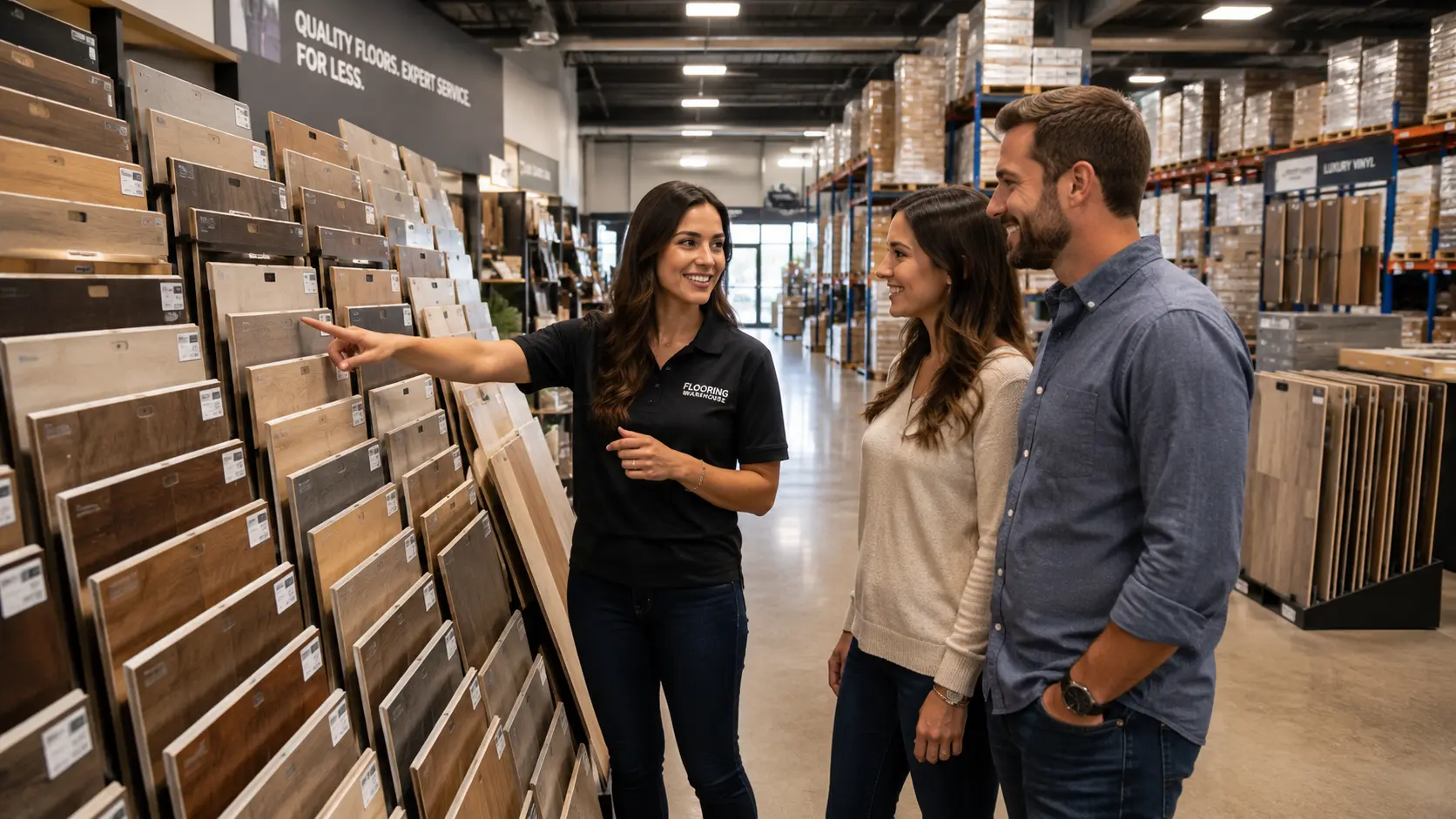 Customer browsing flooring samples at FL Outlet's local flooring warehouse showroom near me in Orlando