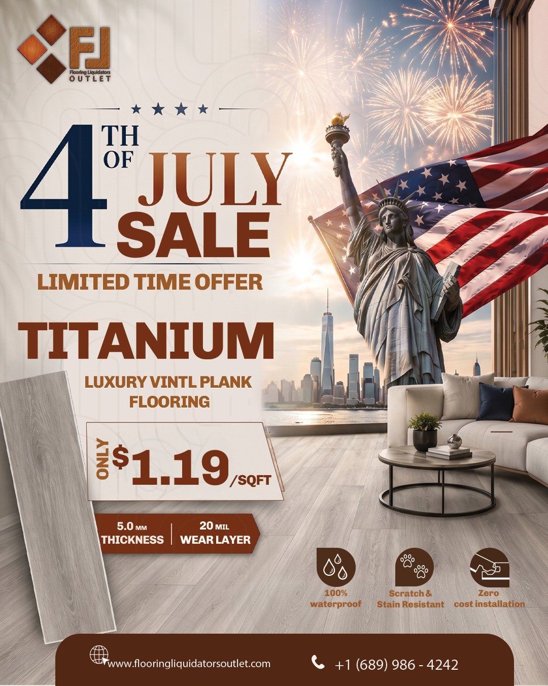 Titanium Luxury Vinyl Plank Flooring — FL Outlet 4th of July Sale, only $1.19 per square foot, 5.0mm thickness, 20 mil wear layer, 100% waterproof, scratch and stain resistant, zero cost installation