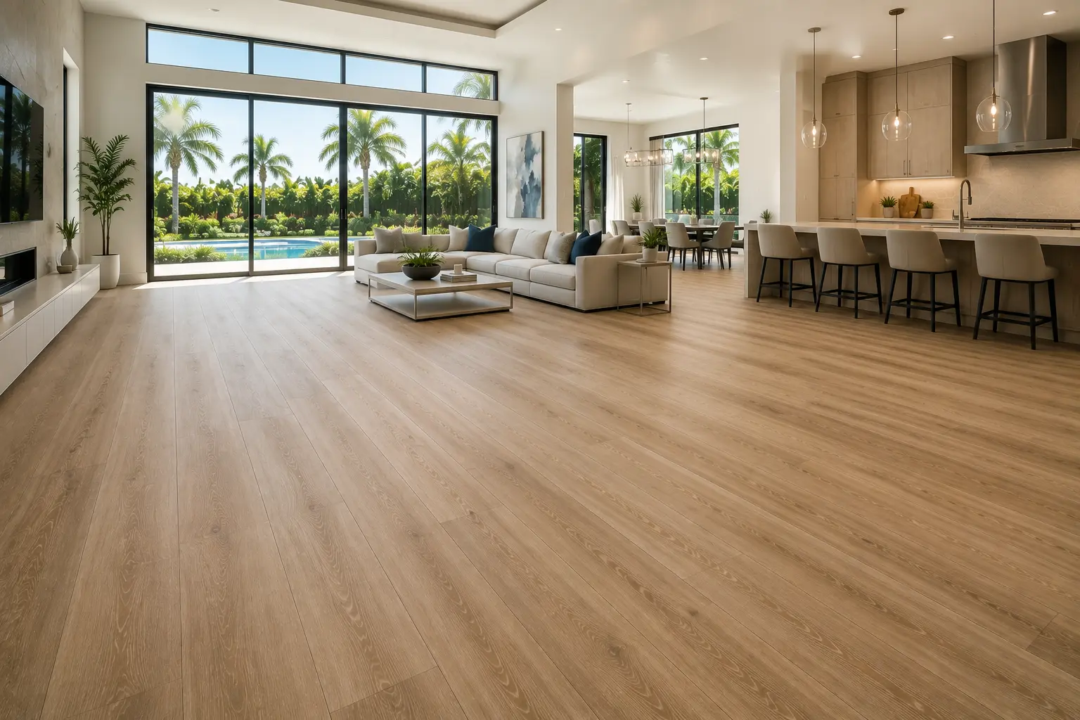 Best luxury vinyl plank flooring Orlando living room and kitchen with wide-plank floors and pool view