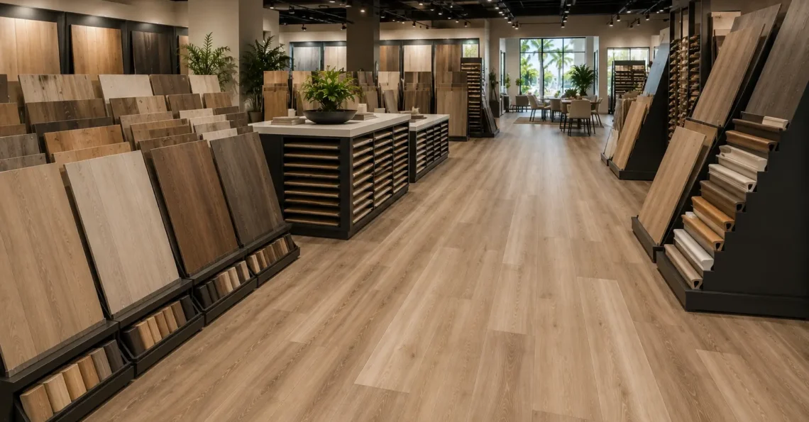 Best luxury vinyl plank flooring Orlando showroom aisle with premium sample displays