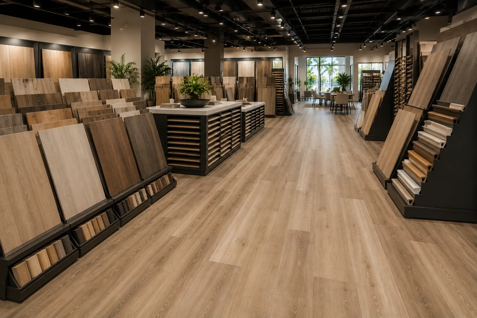 Best luxury vinyl plank flooring Orlando showroom aisle with premium sample displays