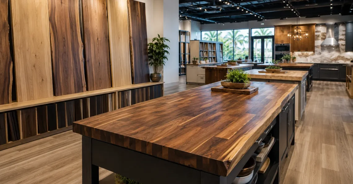 Butcher block countertops near me showroom with wood slab displays