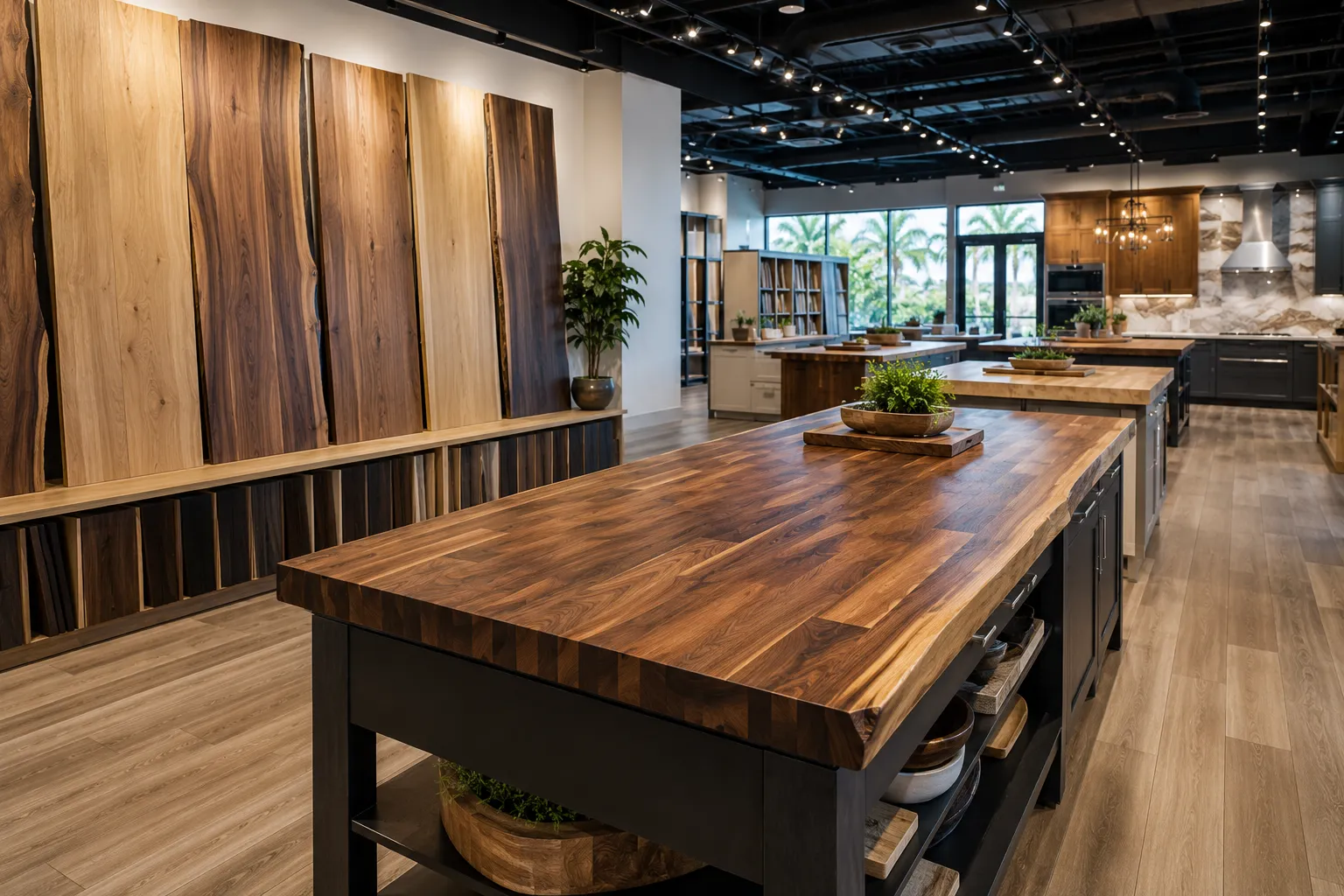 Butcher block countertops near me showroom with wood slab displays