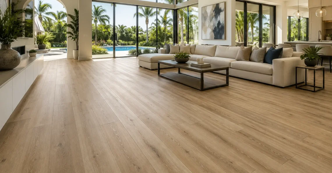 LVP flooring near me Orlando living room with wide-plank wood-look vinyl and pool view