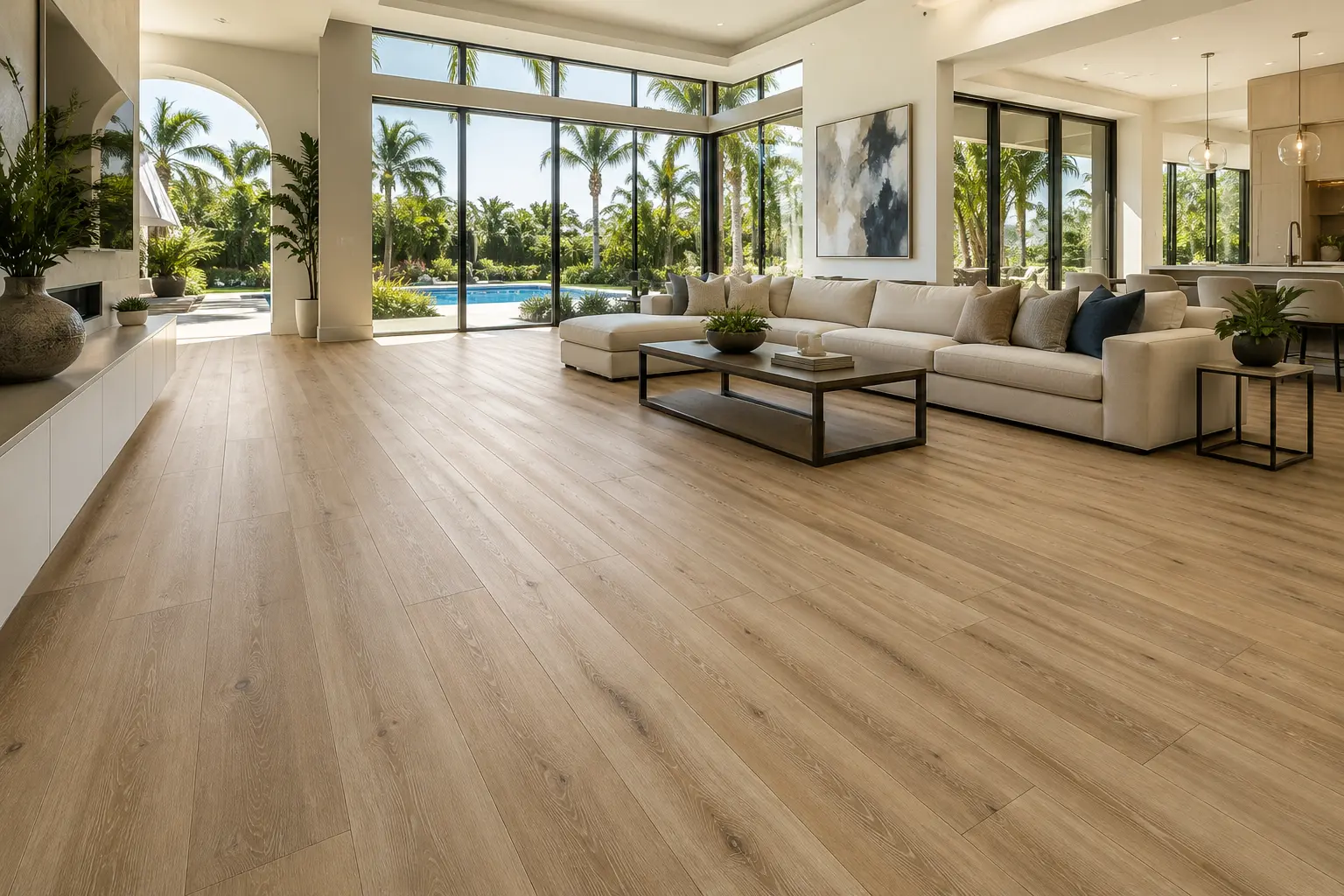 LVP flooring near me Orlando living room with wide-plank wood-look vinyl and pool view