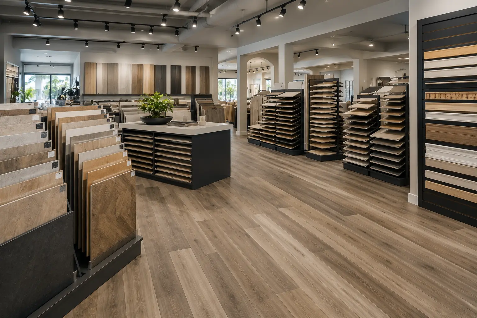LVP flooring near me showroom in Orlando with wide-plank sample displays