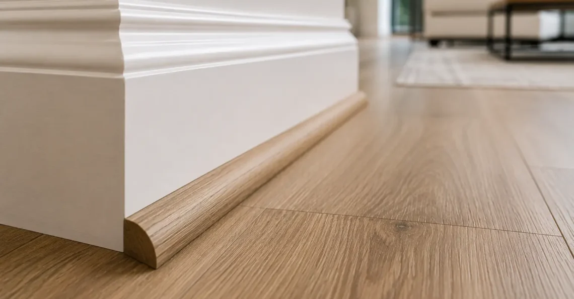 Quarter round molding installed against baseboard and wide-plank vinyl floor