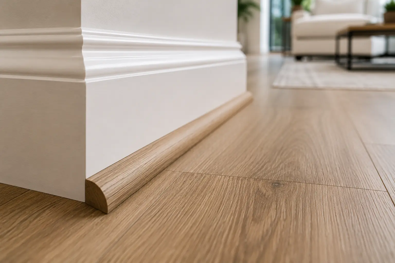 Quarter round molding installed against baseboard and wide-plank vinyl floor