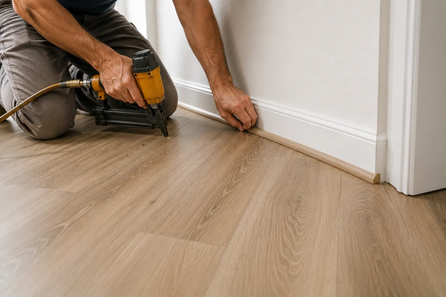 Installer nailing quarter round molding along baseboard with a nail gun