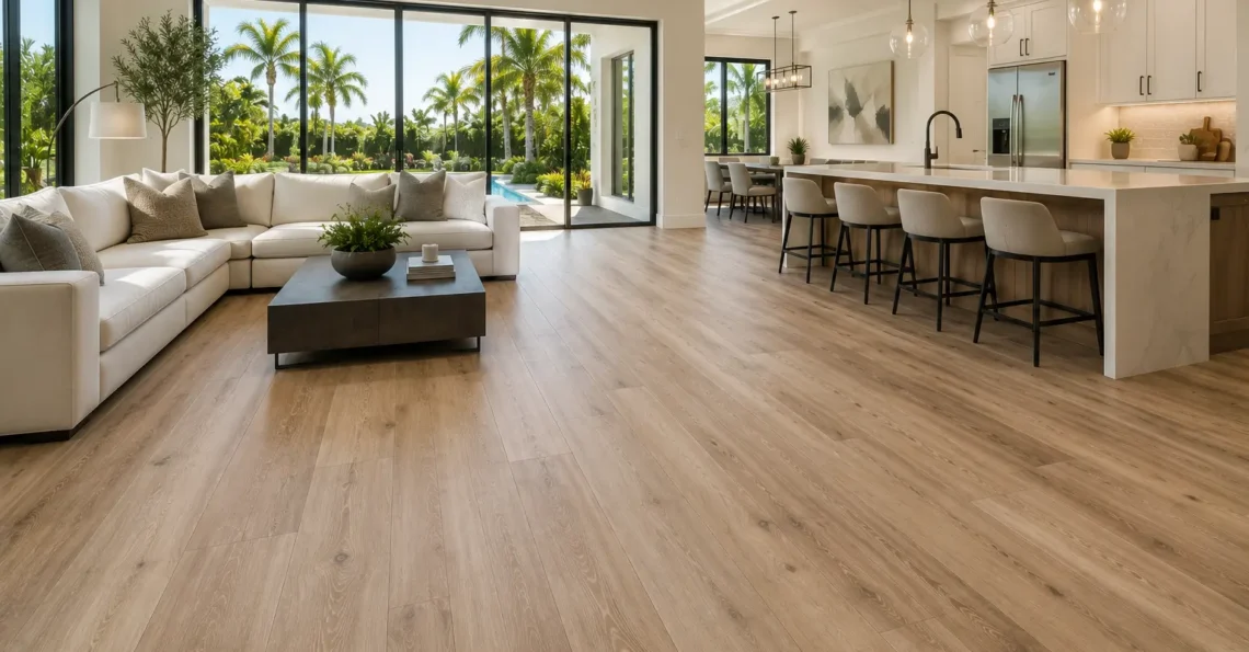 Vinyl plank flooring Orlando open-concept living room and kitchen with wide-plank wood-look floors
