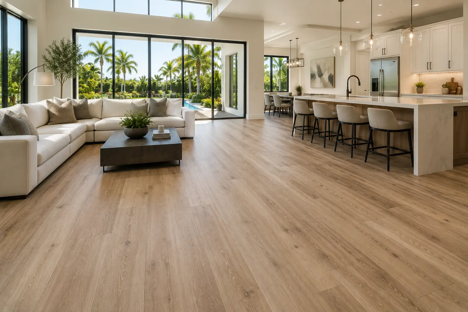 Vinyl plank flooring Orlando open-concept living room and kitchen with wide-plank wood-look floors