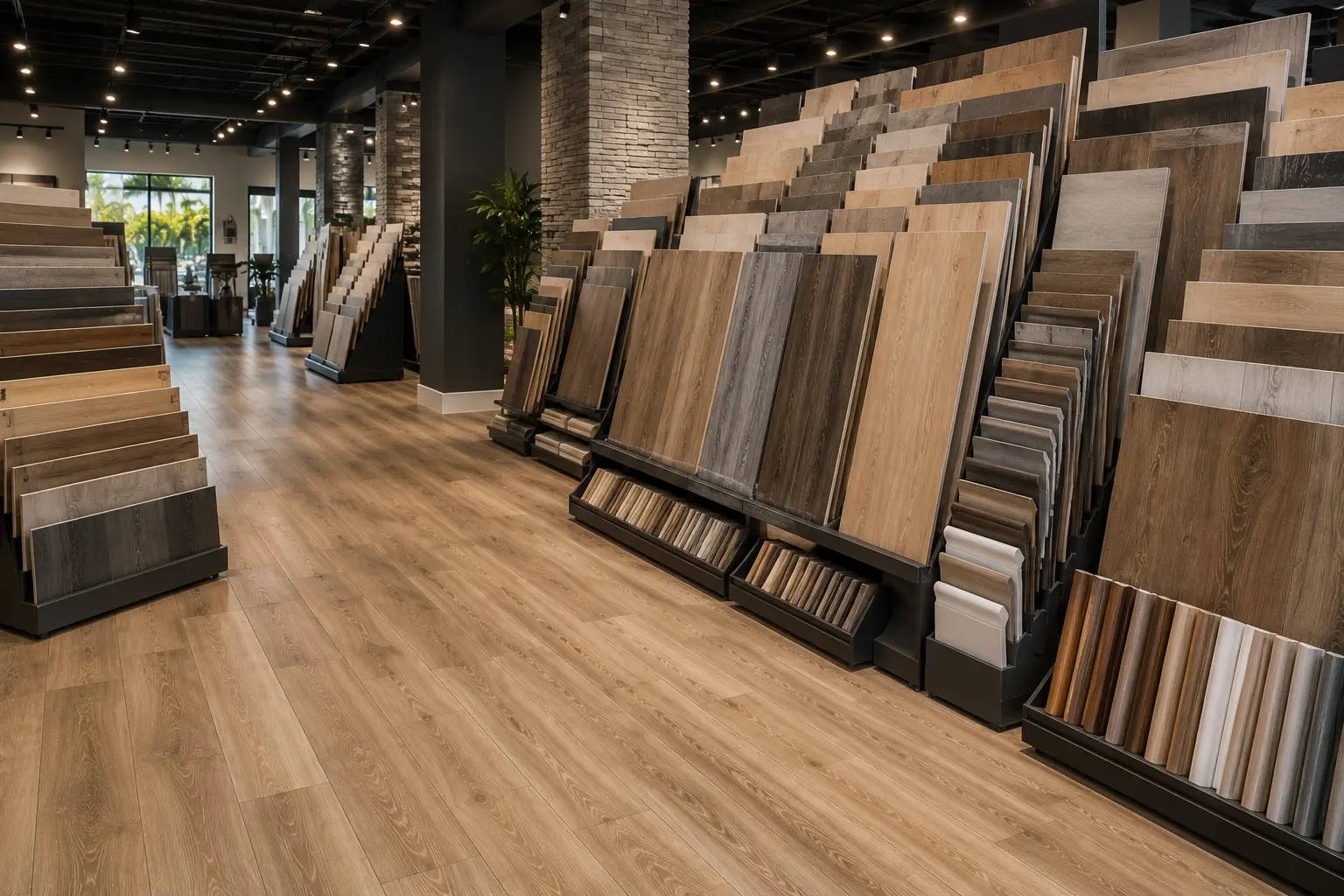 Vinyl plank flooring Orlando showroom aisle with wide sample display racks