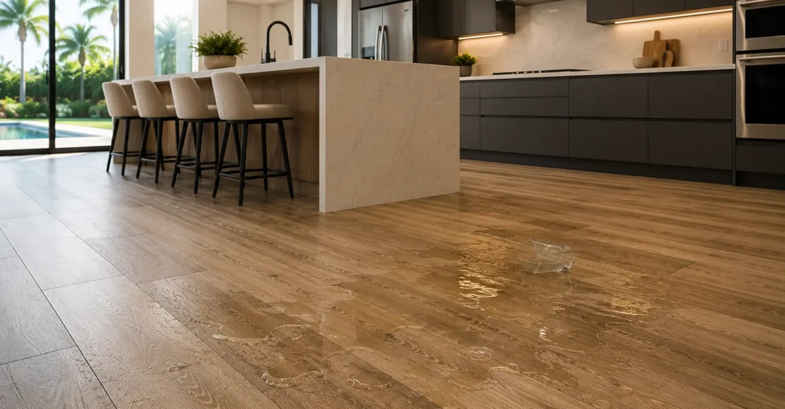 Wholesale waterproof flooring in Orlando kitchen showing spilled water with no damage