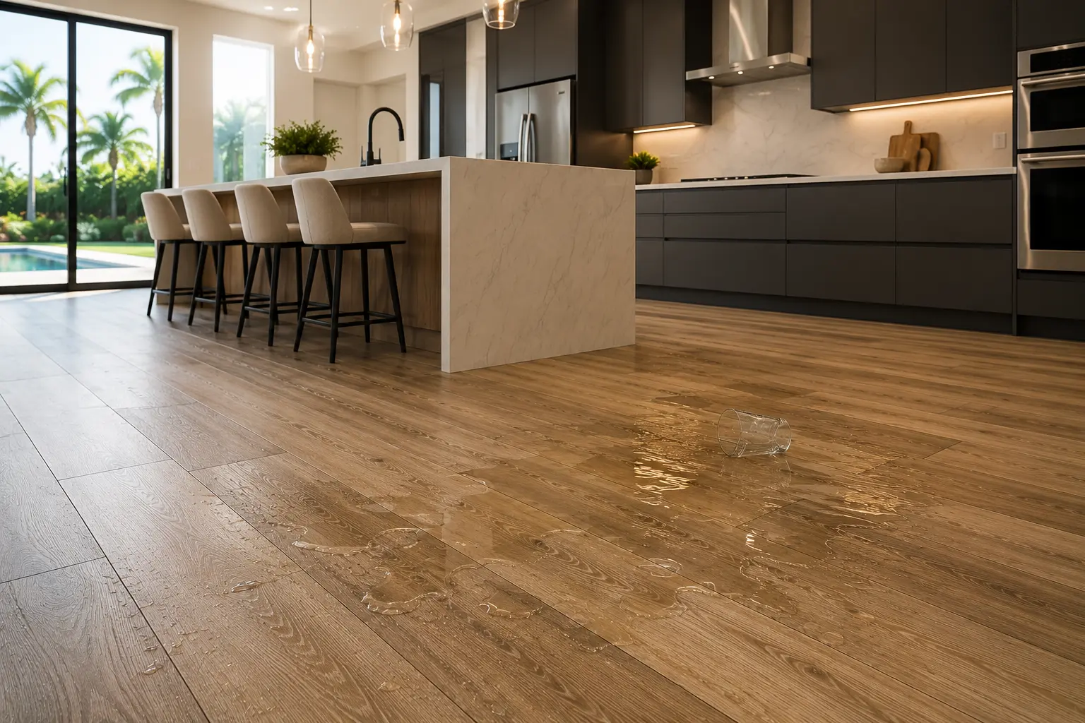 Wholesale waterproof flooring in Orlando kitchen showing spilled water with no damage